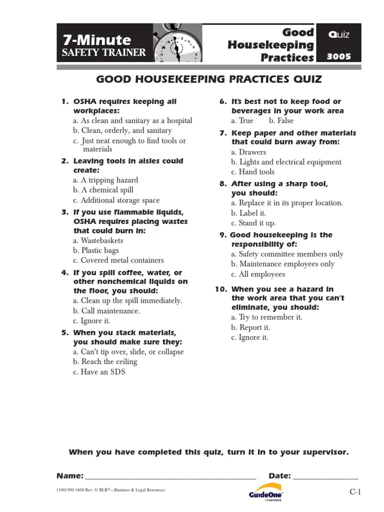 Good Housekeeping Practices Quiz PDF Housekeeping Occupational