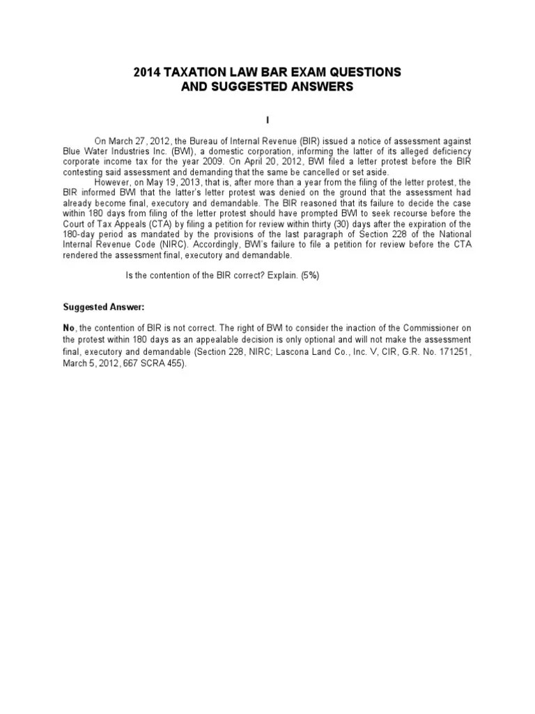 2014 Taxation Law Bar Exam Questions and Suggested Answers PDF