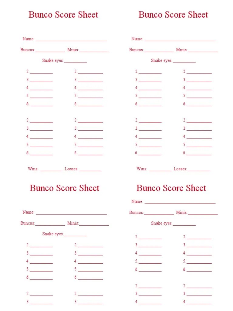 Bunco Score Sheet Leisure Sports