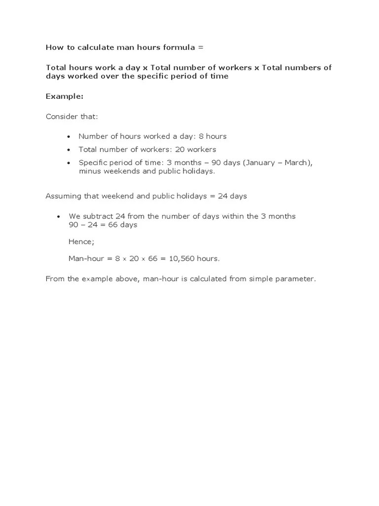 How To Calculate Man Hours Formula Total Hours Work A Day X Total