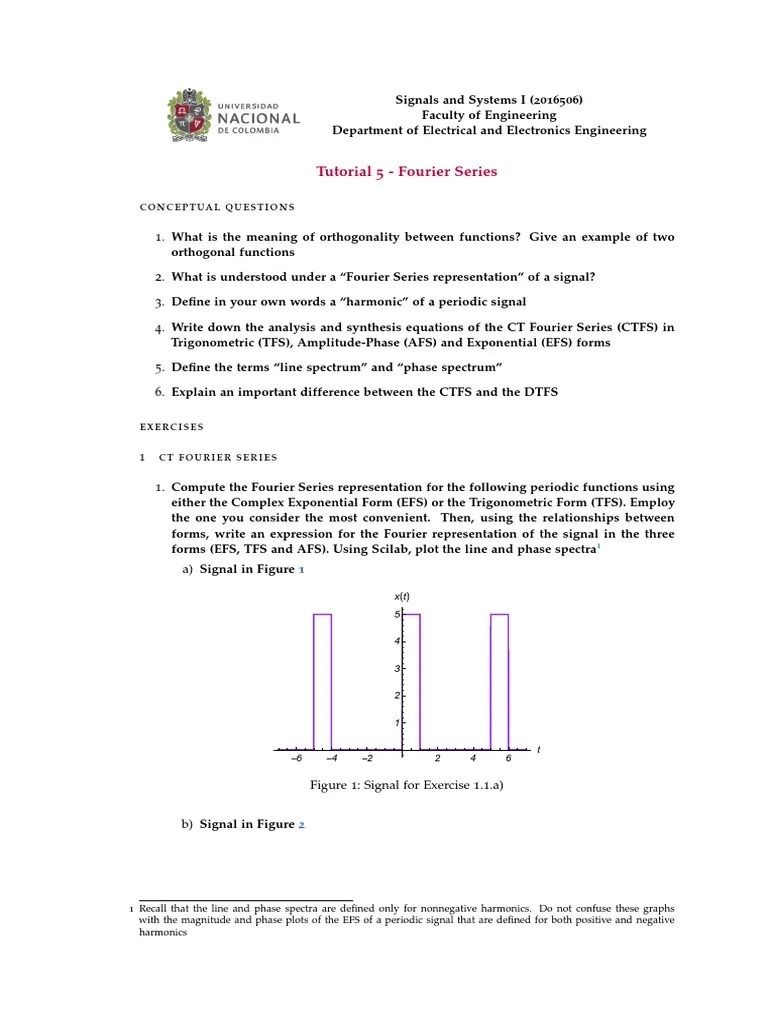 Tutorial 5 Fourier Series (Exercises) PDF Fourier Series