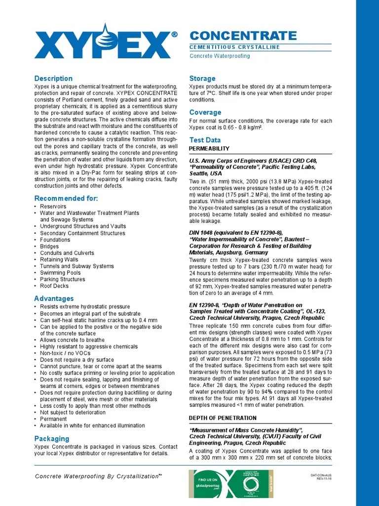 Xypex Concentrate Datasheet PDF Corrosion Concrete