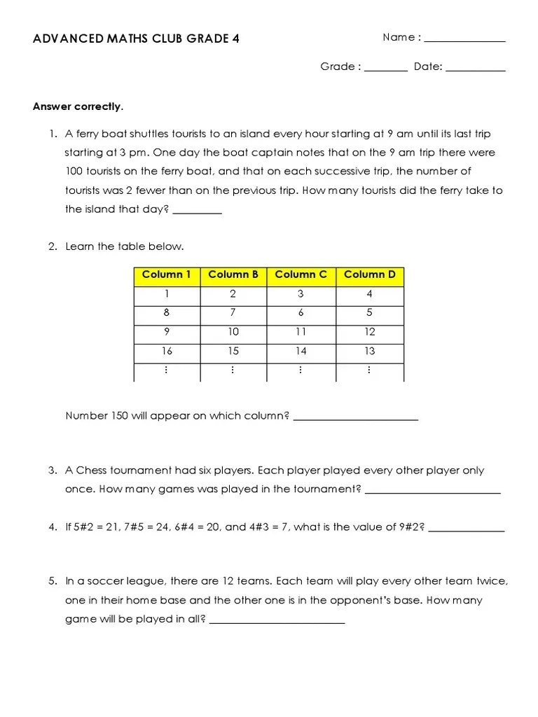 Advanced Maths Club Grade 4: Answer Correctly | PDF
