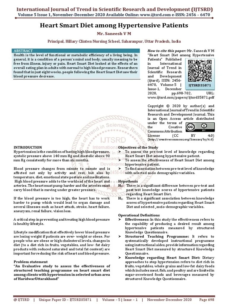 Heart Smart Diet Among Hypertensive Patients PDF Blood Pressure