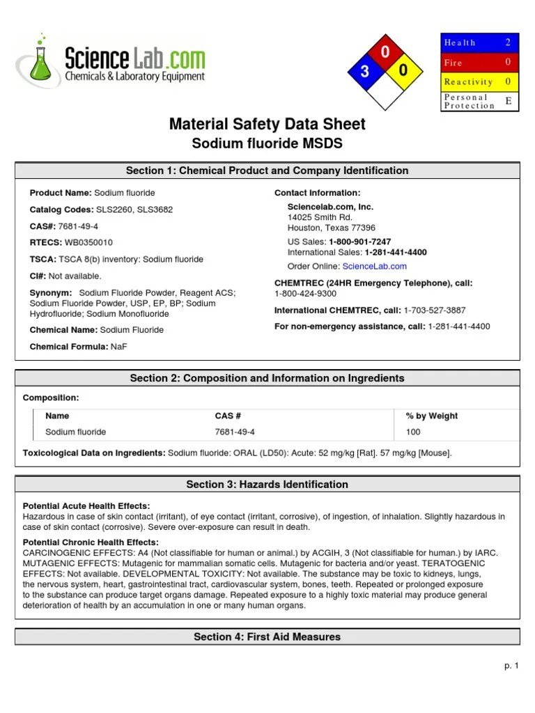 Material Safety Data Sheet Sodium fluoride MSDS Toxicity Personal