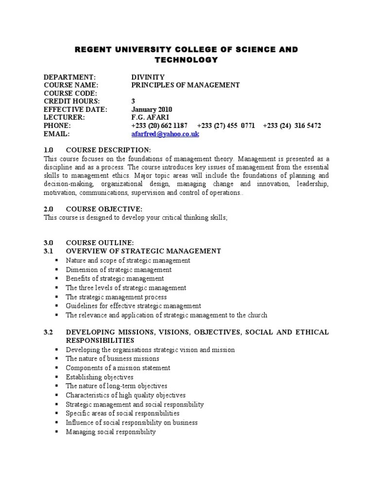 Course Outline Principles of Management Strategic