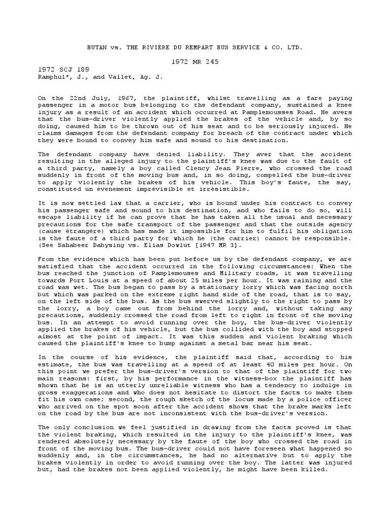 BUTAN V THE RIVIÈRE DU REMPART BUS SERVICE & CO. LTD. 1972 MR 245 PDF Damages Common Law