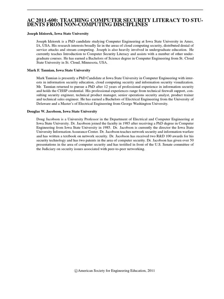 Teaching Computer Security Literacy To Students From