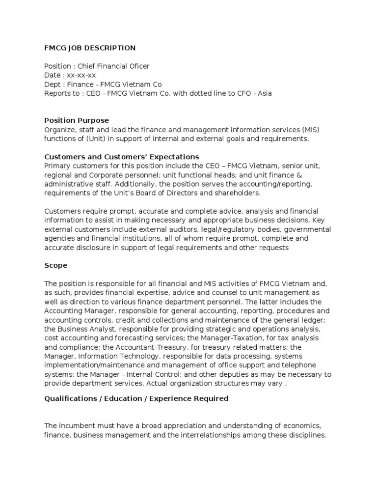 FMCG Cfo Job Description Chief Financial Officer