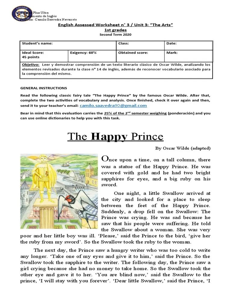 The Happy Prince: English Assessed Worksheet N° 3 / Unit 3: "The Arts