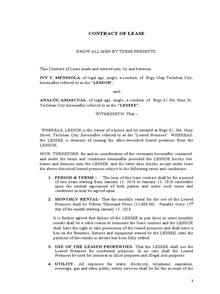 CONTRACT OF LEASE Mendiola1 1 PDF Natural Resources Law Lease