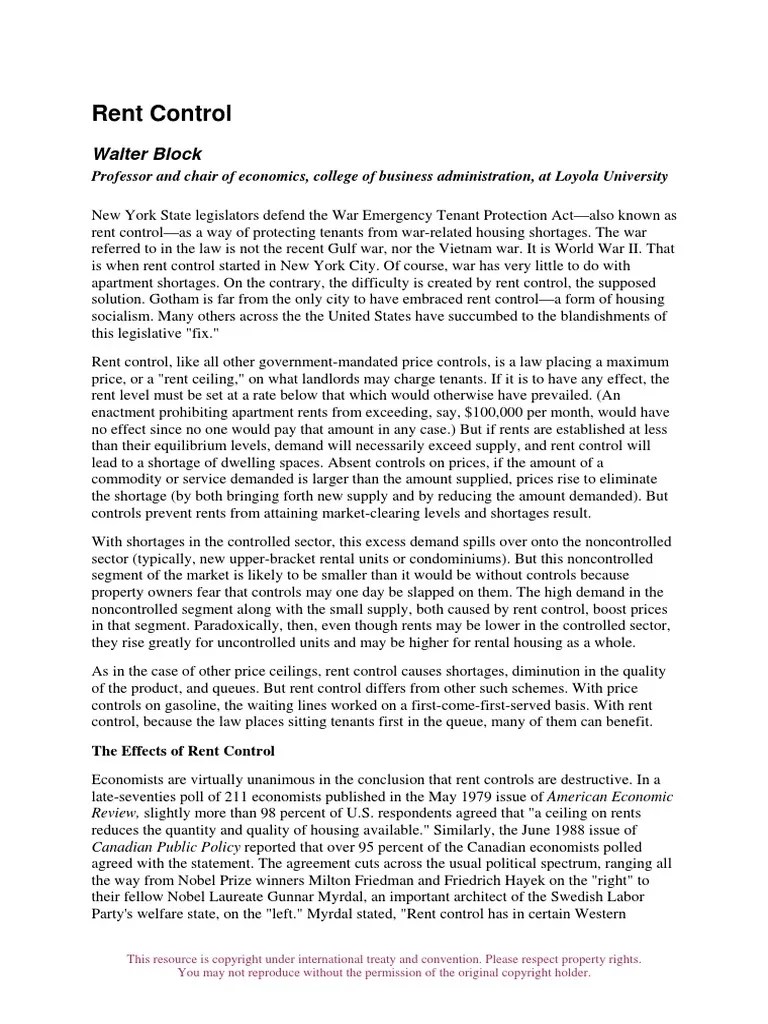 Rent Control Walter Block PDF Rent Regulation Landlord