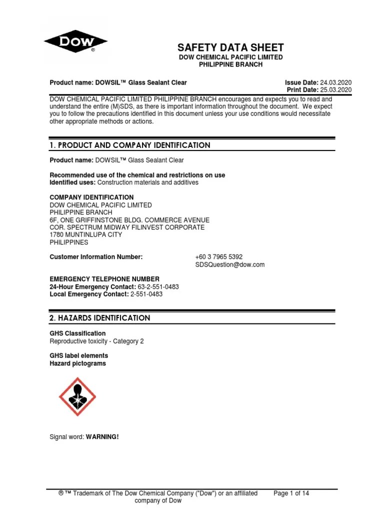 Dowsil Glass Sealant Clear SDS PDF Polyvinyl Chloride Firefighting