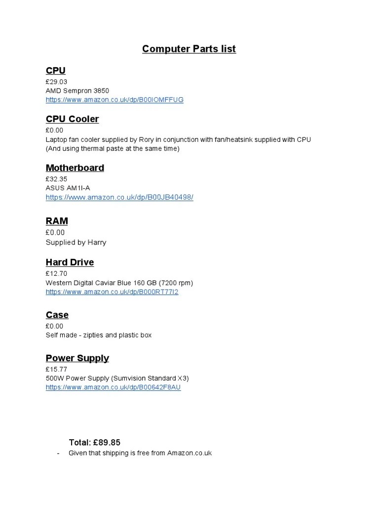 Computer Parts List PDF PDF