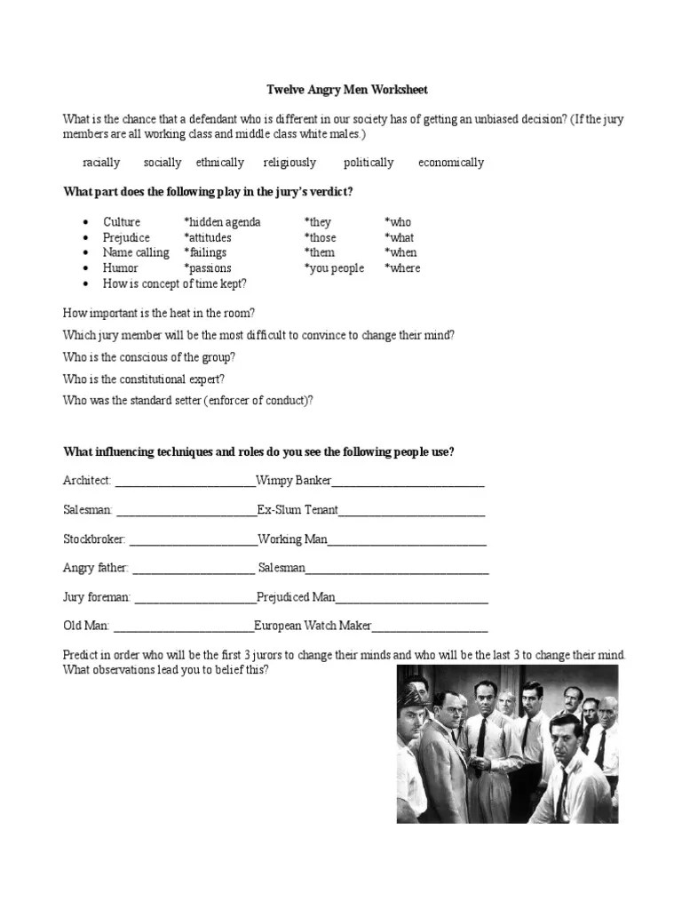 Twelve Angry Men Worksheet PDF