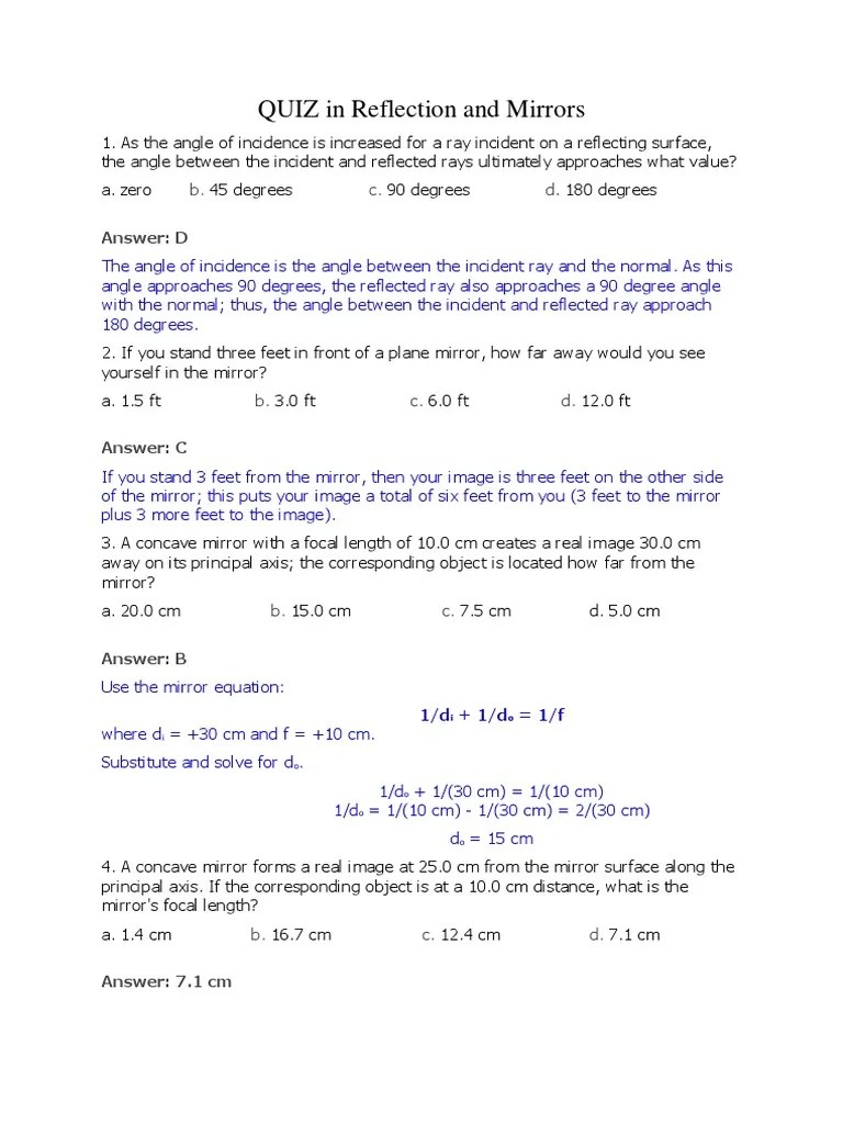 QUIZ in Reflection and Mirrors PDF Mirror Reflection (Physics)