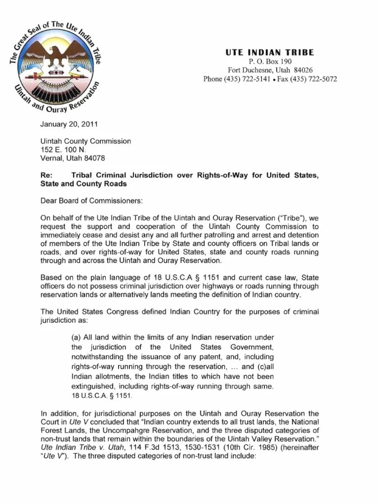 Ute Tribe Jurisdiction Letter Indian Reservation Easement