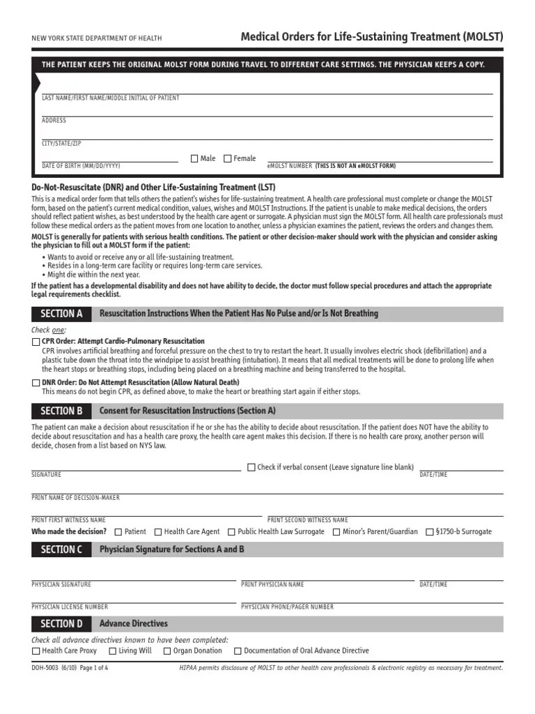Nys Molst Form Intravenous Therapy Cardiopulmonary Resuscitation