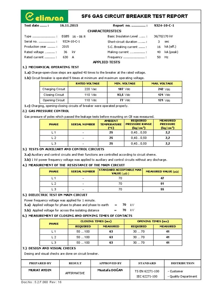 Sf6 Gas Circuit Breaker Test Report Characteristics PDF Electrical