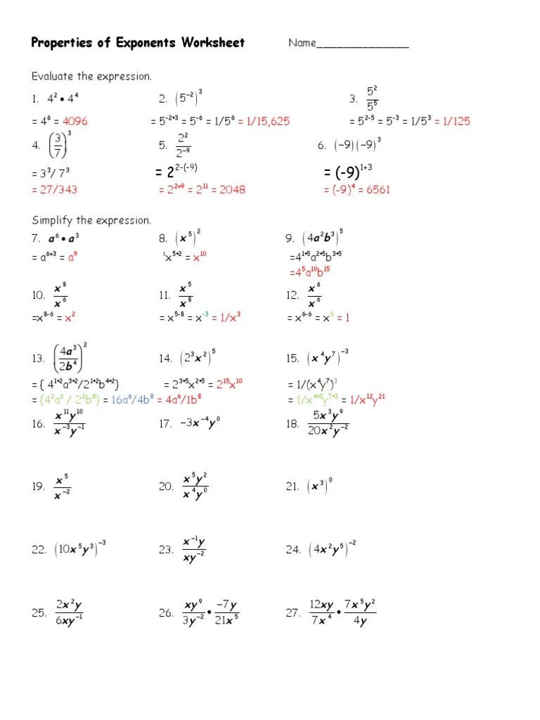 Properties of Exponents Worksheet: (4 A / 2 B) 1/x y | PDF