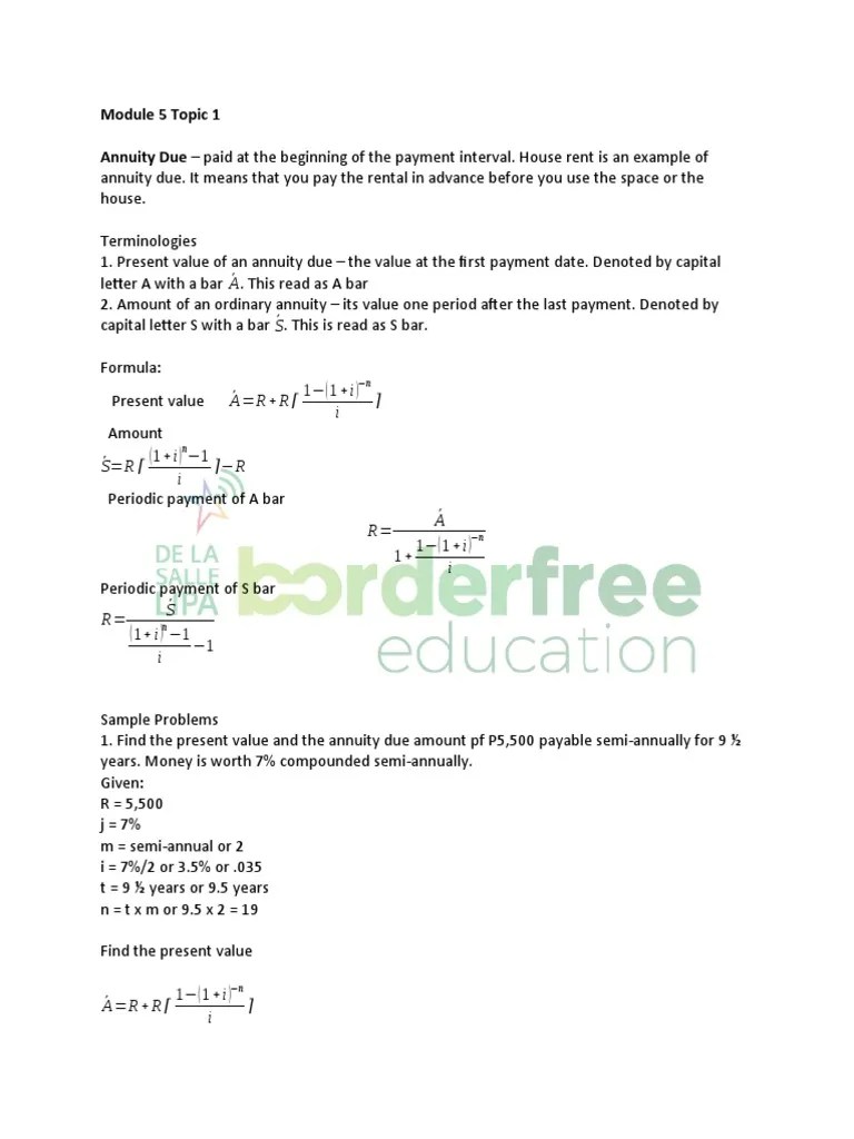Module 5 Topic 1 Annuity Due Paid at The Beginning of The Payment