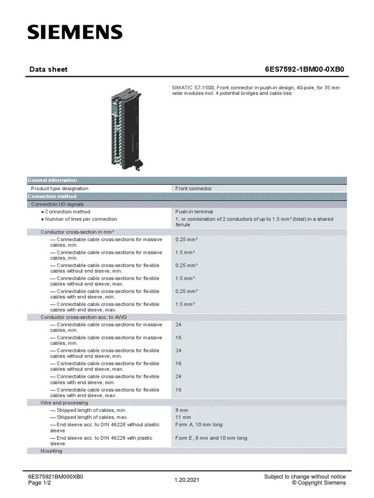 Data Sheet 6ES7592-1BM00-0XB0: General Information | PDF | Electrical