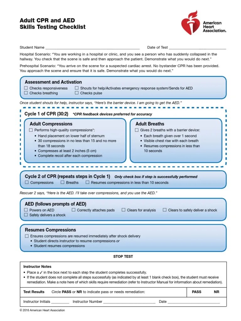 Adult CPR and AED Skills Testing Checklist PDF Cardiopulmonary