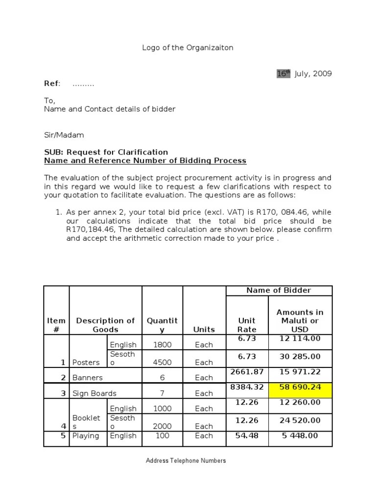 Sample Clarification Letter Value Added Tax Government