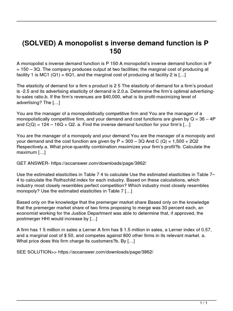 Solved A Monopolist S Inverse Demand Function Is P 150 PDF Monopoly