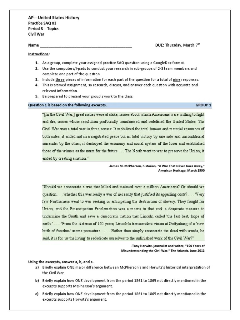 Apush Saq Practice Questions 3 Civil War PDF American Civil War