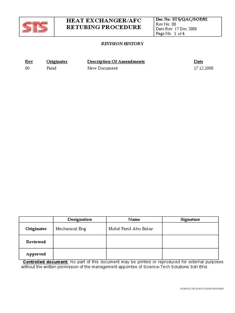 STS Qac Sop 002 Heat Exchanger Retubing Procedure PDF Mechanical