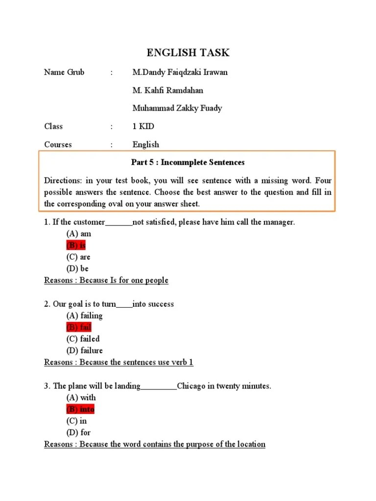 English Task Part 5 Inconmplete Sentences Download Free PDF