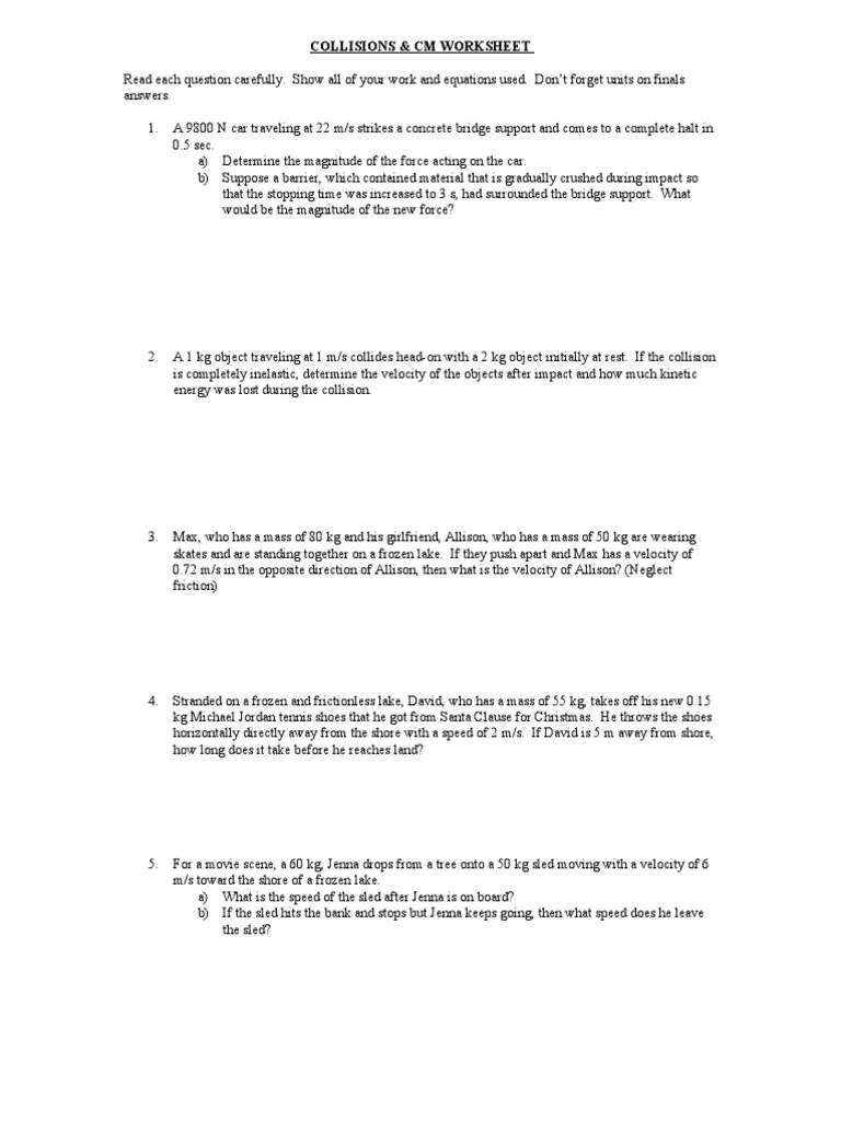 Collisions & CM Worksheet PDF Collision Momentum