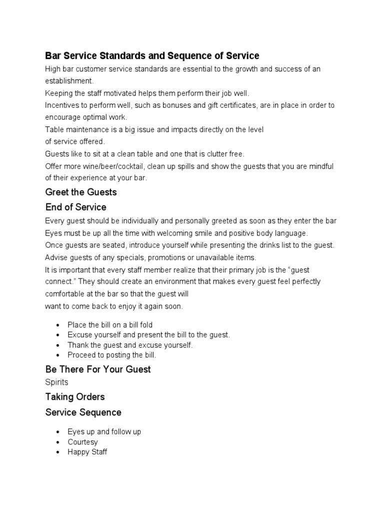 Bar Service Standards and Sequence of Service PDF Bar Drink