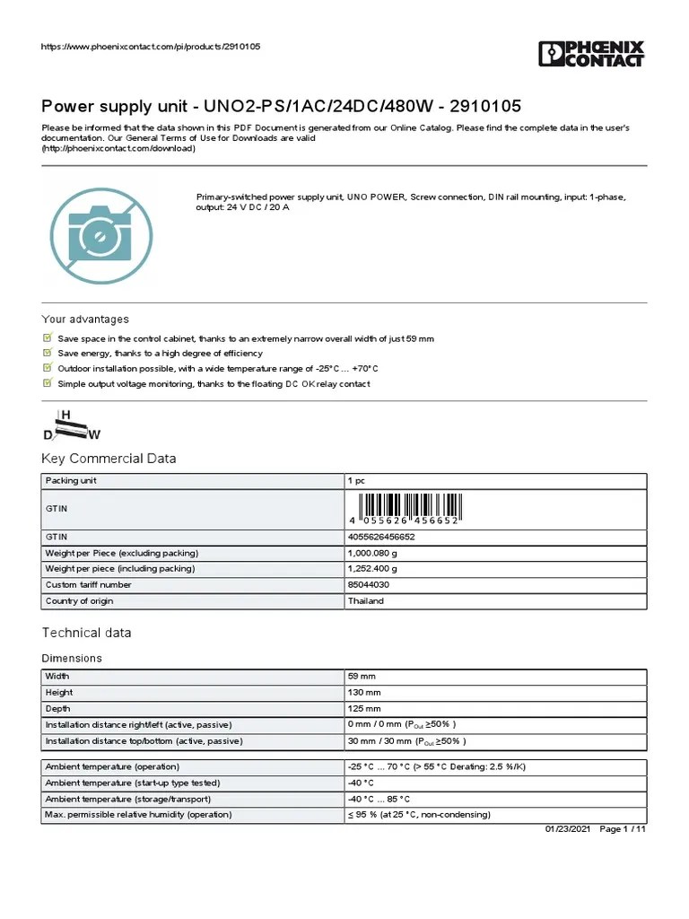 Power Supply Unit UNO2PS/1AC/24DC/480W 2910105 Key Commercial