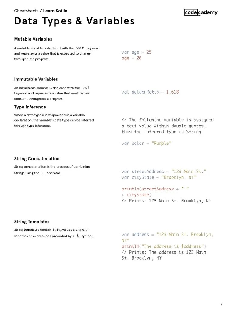 Learn Kotlin Data Types & Variables Cheatsheet Codecademy PDF