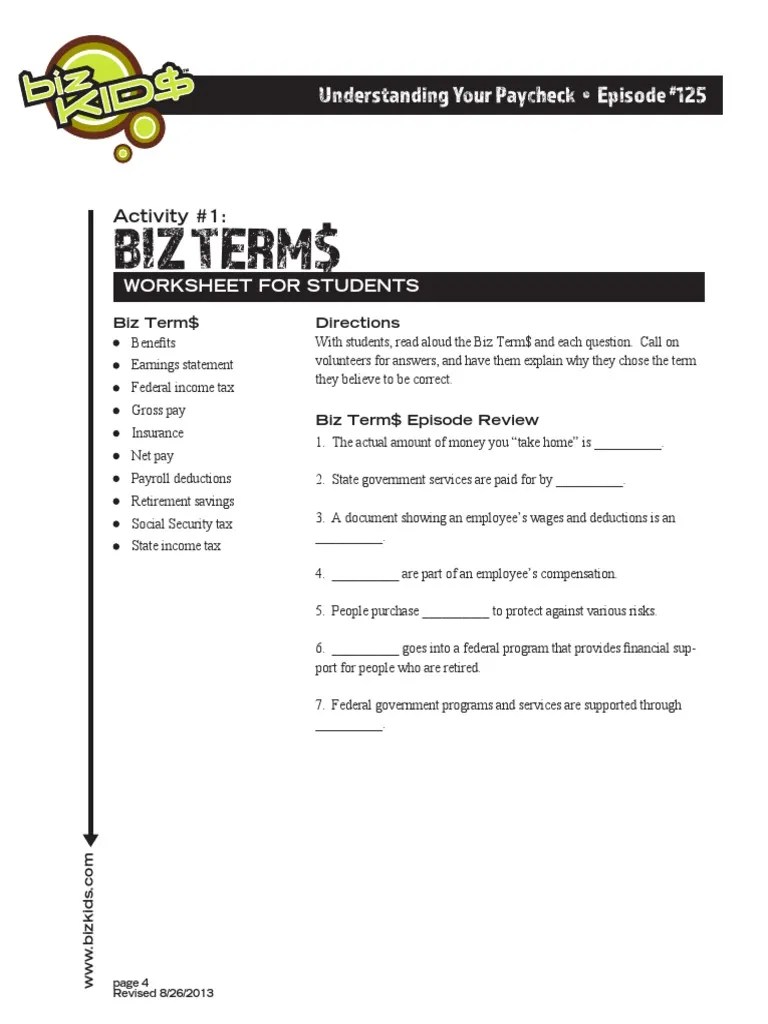 Paycheck Vocabulary Worksheet | PDF