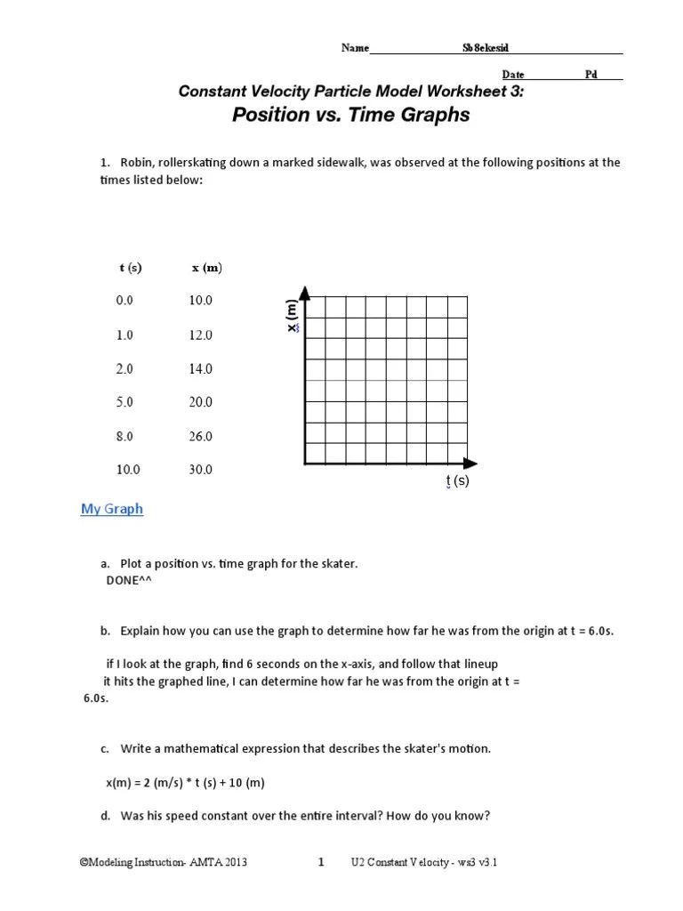 Position vs. Time Graphs Constant Velocity Particle Model Worksheet 3
