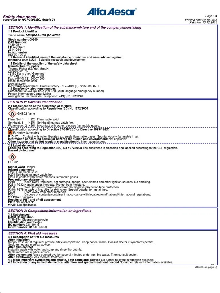 MSDS Magnesium Powder PDF Dangerous Goods Toxicity