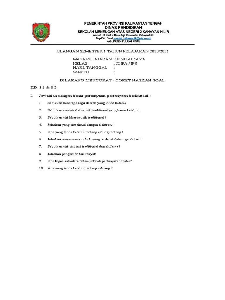 Soal Ulsem 1 Covid 19 Kelas Xi Seni Budaya | PDF