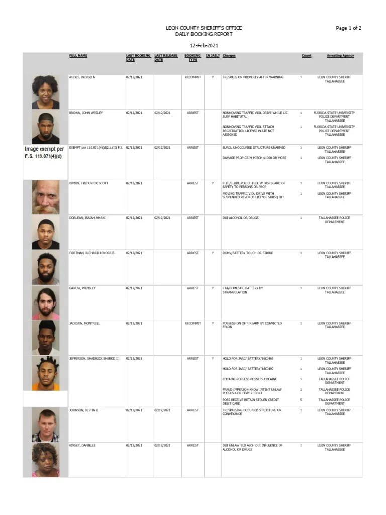 Leon County Booking Report Feb. 13, 2021 PDF Driving Under The