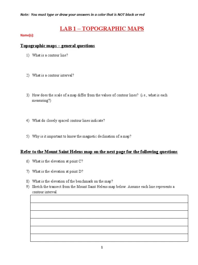 Lab 1 Topographic Maps PDF Contour Line Elevation