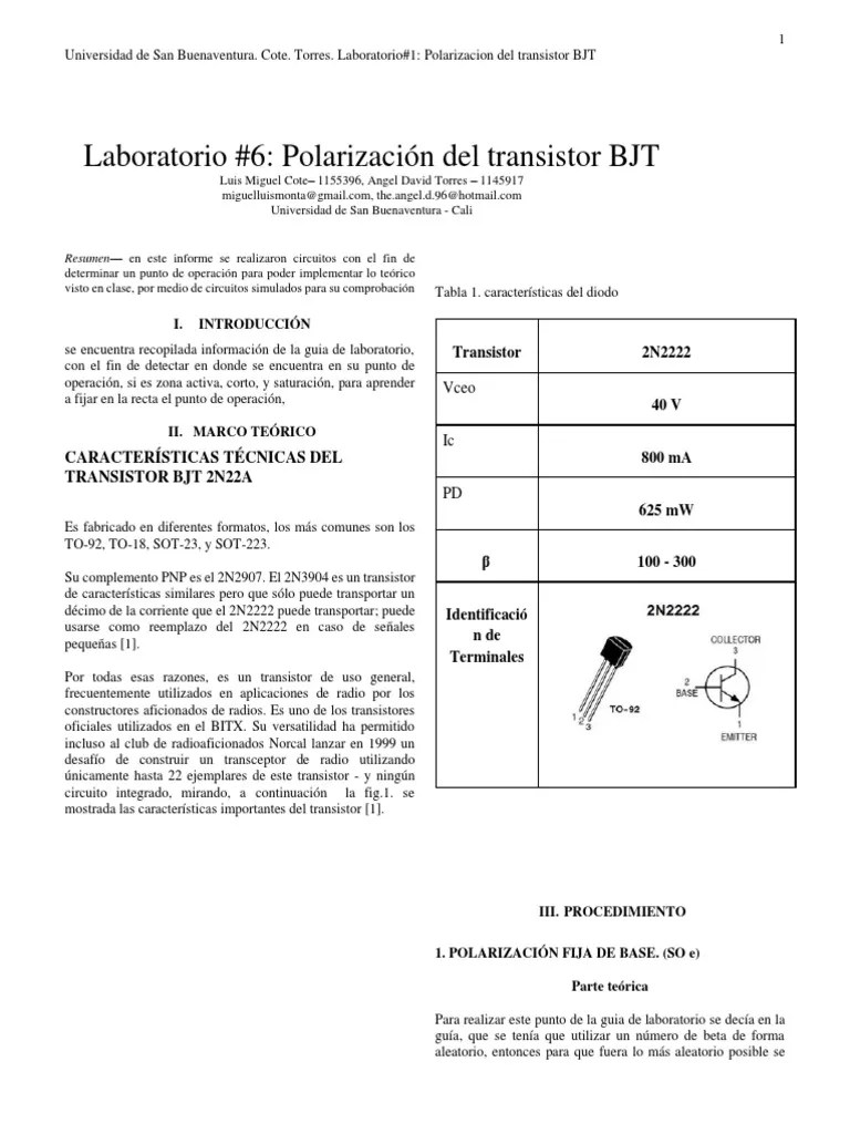 Laboratorio 6. Polarizacion Del Transistor BJT PDF Transistor