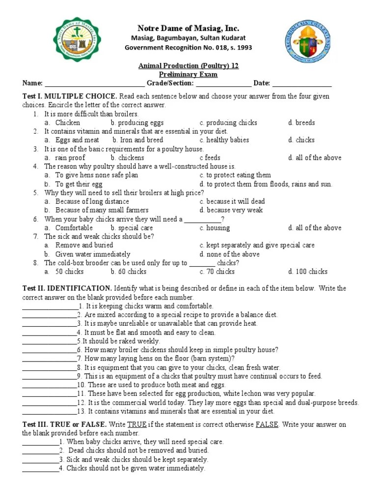 Animal Production Poultry Test Questioner Grade 12 1st Sem PDF Chicken Parasitism