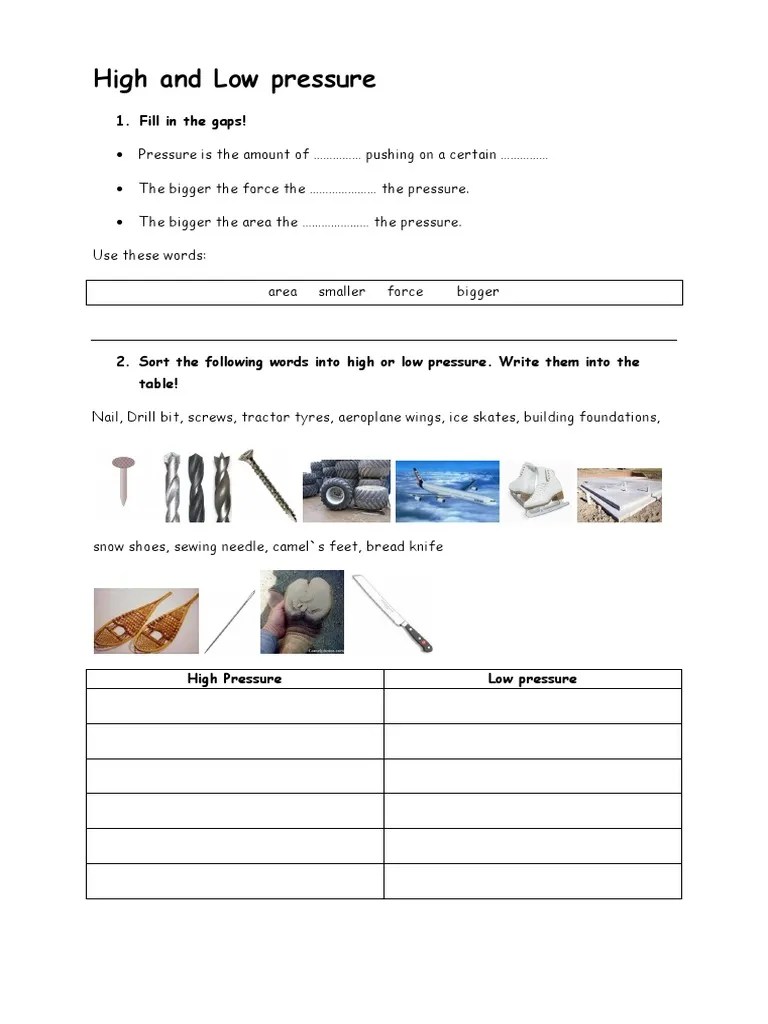 High and Low Pressure Worksheet PDF