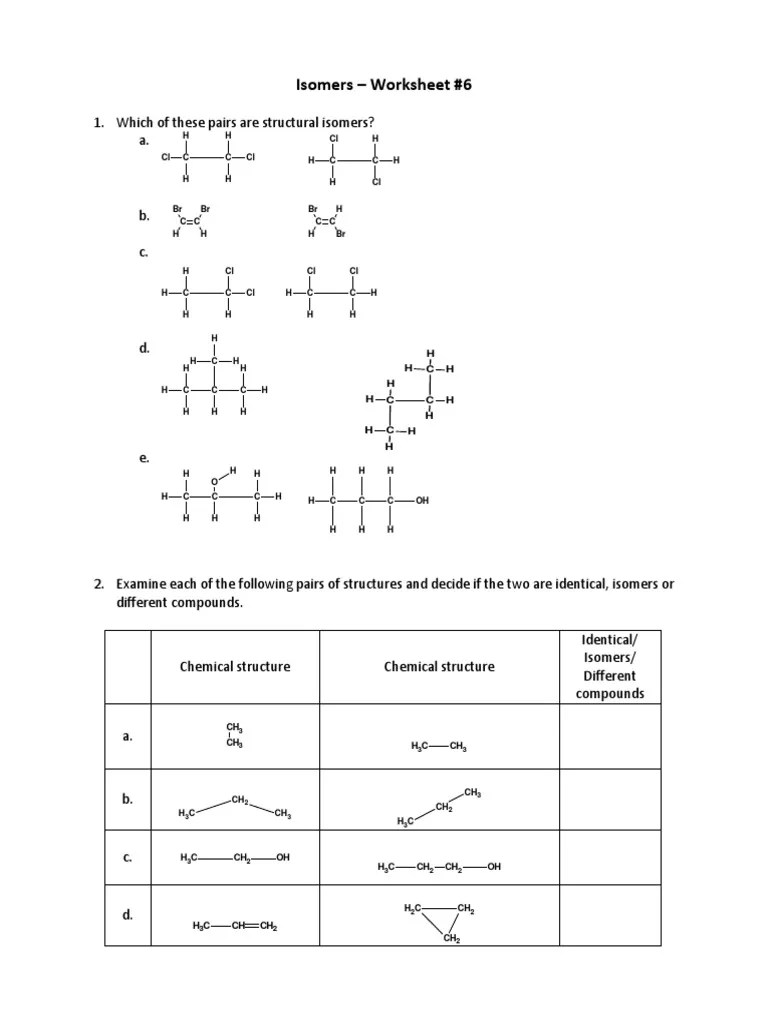Isomers Worksheet PDF Chemistry Physical Sciences
