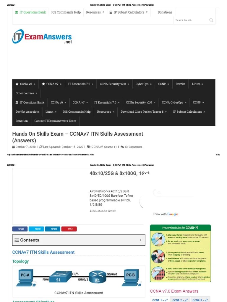 Hands On Skills Exam - CCNAv7 ITN Skills Assessment (Answers) | PDF | I