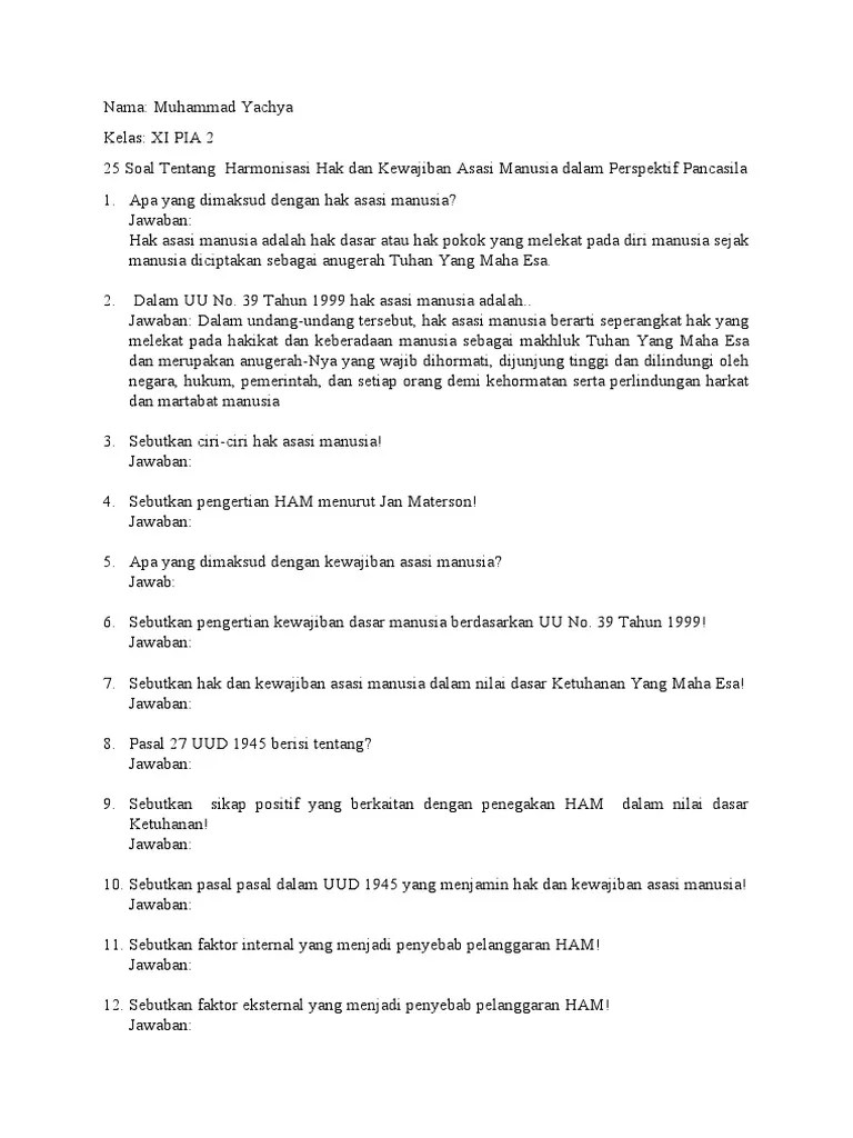25 Soal Tentang HAM Muhammad Yachya XI PIA 2 | PDF
