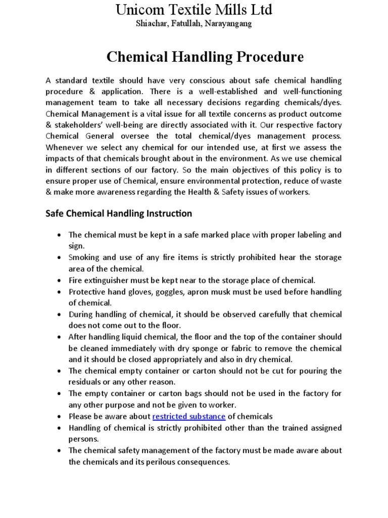 Chemical Handling Procedure PDF Personal Protective Equipment Dangerous Goods
