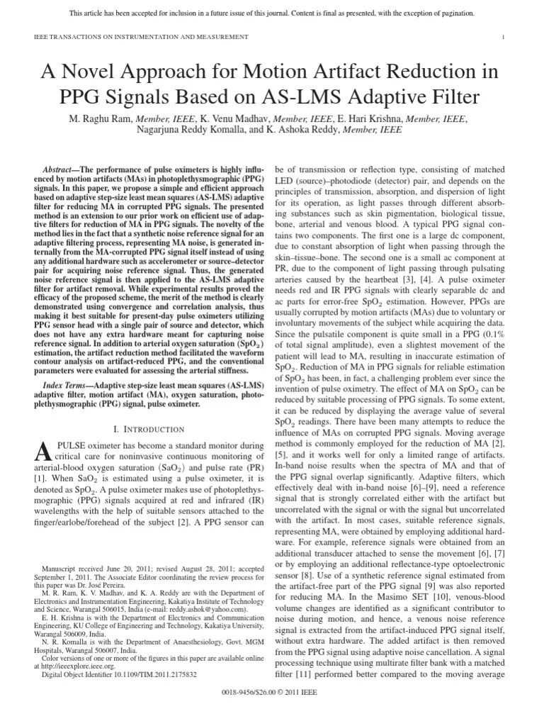Motion Artifact Red PPG ASLMS Adaptive Filter Ashoka Reddy PDF
